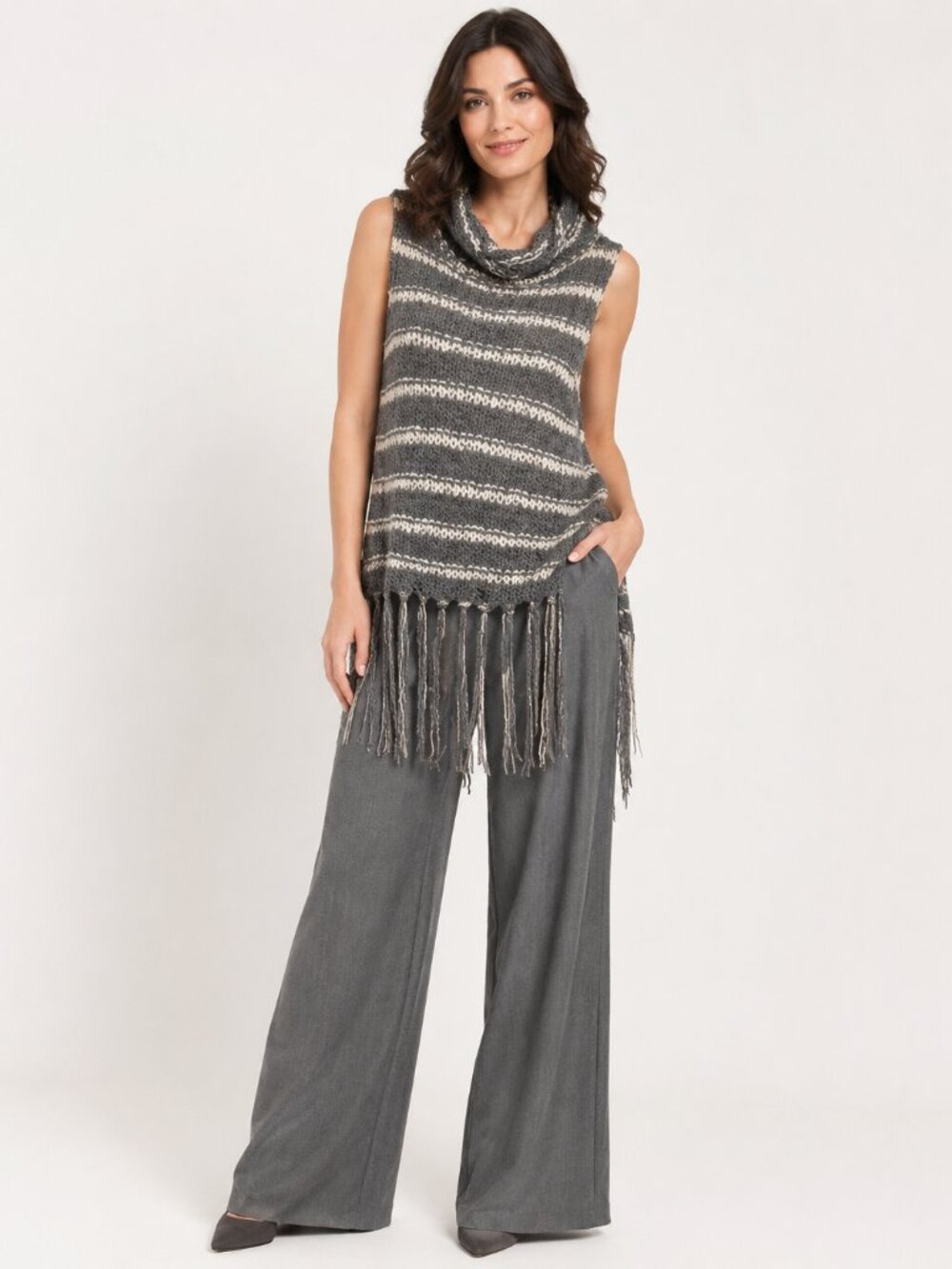 Free People Crochet Cowl Neck Stripe Fringe Sleeveless Tunic Top Sz XS
